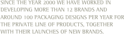 Since the year 2000 we have worked in developing more than 12 brands and around 100 packaging designs per year for the private line of products, together with their launches of new brands.